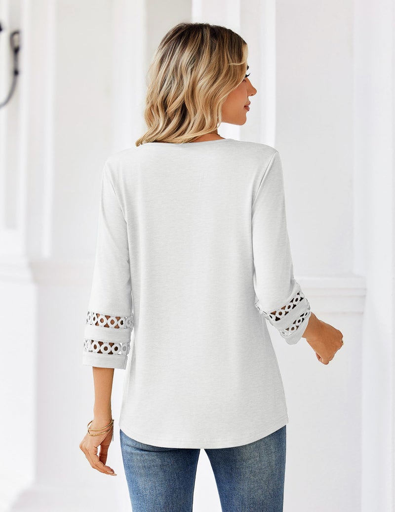 Zeagoo 3/4 Length Sleeve Womens Tops V Neck Trendy Blouses Dressy Casual Summer Beach Vacation Clothes White L - Image 5