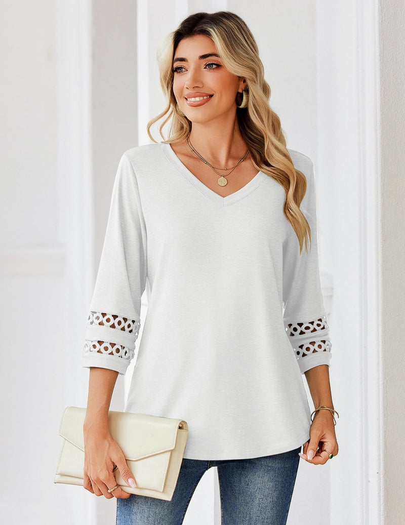 Zeagoo 3/4 Length Sleeve Womens Tops V Neck Trendy Blouses Dressy Casual Summer Beach Vacation Clothes White L - Image 3