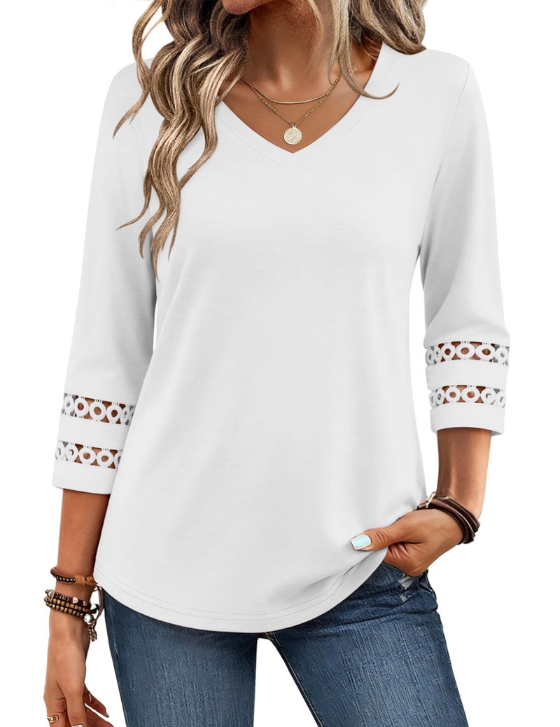 Zeagoo 3/4 Length Sleeve Womens Tops V Neck Trendy Blouses Dressy Casual Summer Beach Vacation Clothes White L - Image 1