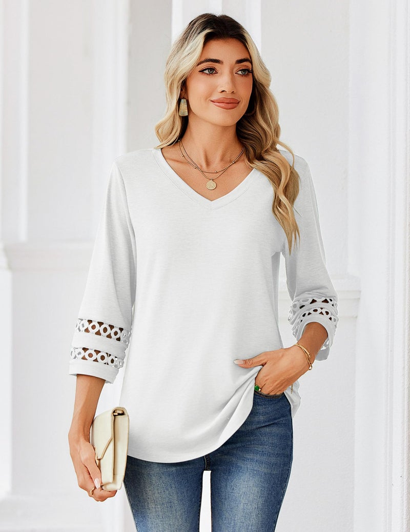 Zeagoo 3/4 Length Sleeve Womens Tops V Neck Trendy Blouses Dressy Casual Summer Beach Vacation Clothes White L - Image 2