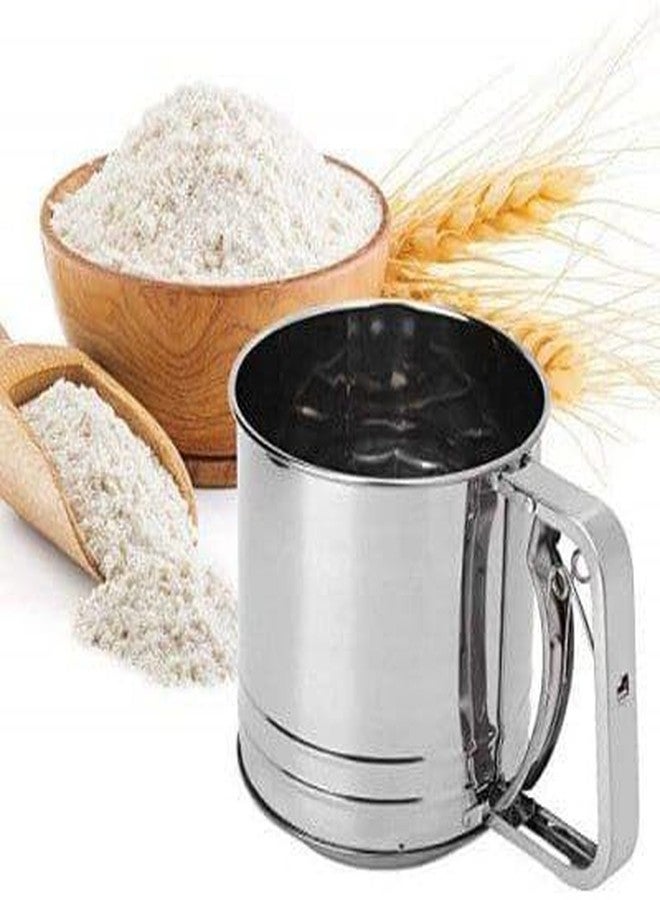 MR. JV MR.JV Stainless Steel Flour Sifter Cup – Hand Press Atta Chalni, Corrosion Resistant Large Capacity Sieve for Flour, Sugar & Coffee Powder (1 Pc) - Image 1