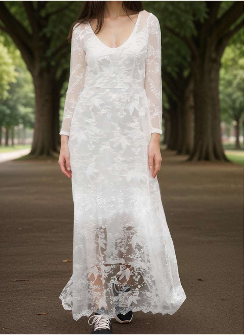 MARGOUN XXL Size Women's Elegant Luxury Pure White Lace Tulle Long Sleeve One Shoulder Wedding Dress Bride Gown Full Sleeve A-Line Wedding Dress/SC8801  - Image 1