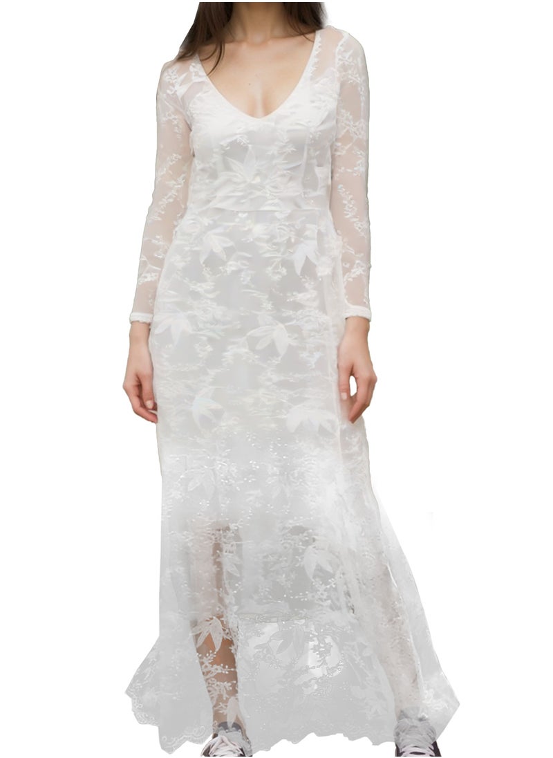 MARGOUN XXL Size Women's Elegant Luxury Pure White Lace Tulle Long Sleeve One Shoulder Wedding Dress Bride Gown Full Sleeve A-Line Wedding Dress/SC8801  - Image 2