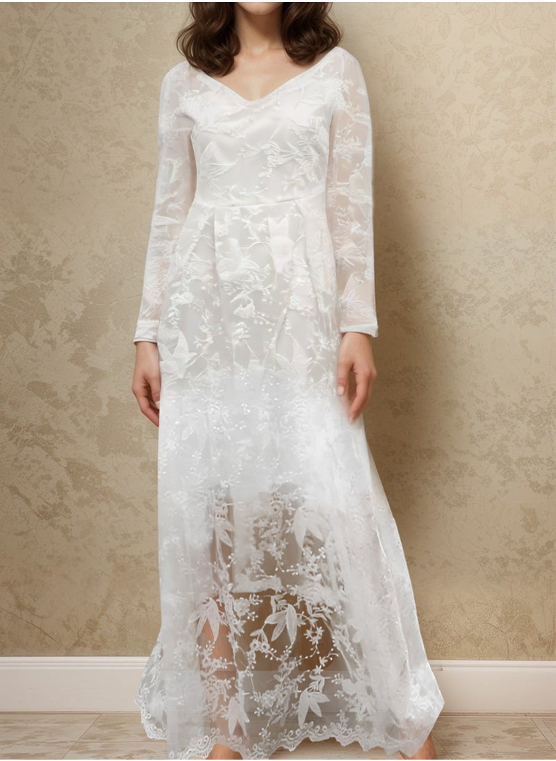 MARGOUN XXL Size Women's Elegant Luxury Pure White Lace Tulle Long Sleeve One Shoulder Wedding Dress Bride Gown Full Sleeve A-Line Wedding Dress/SC8801  - Image 5