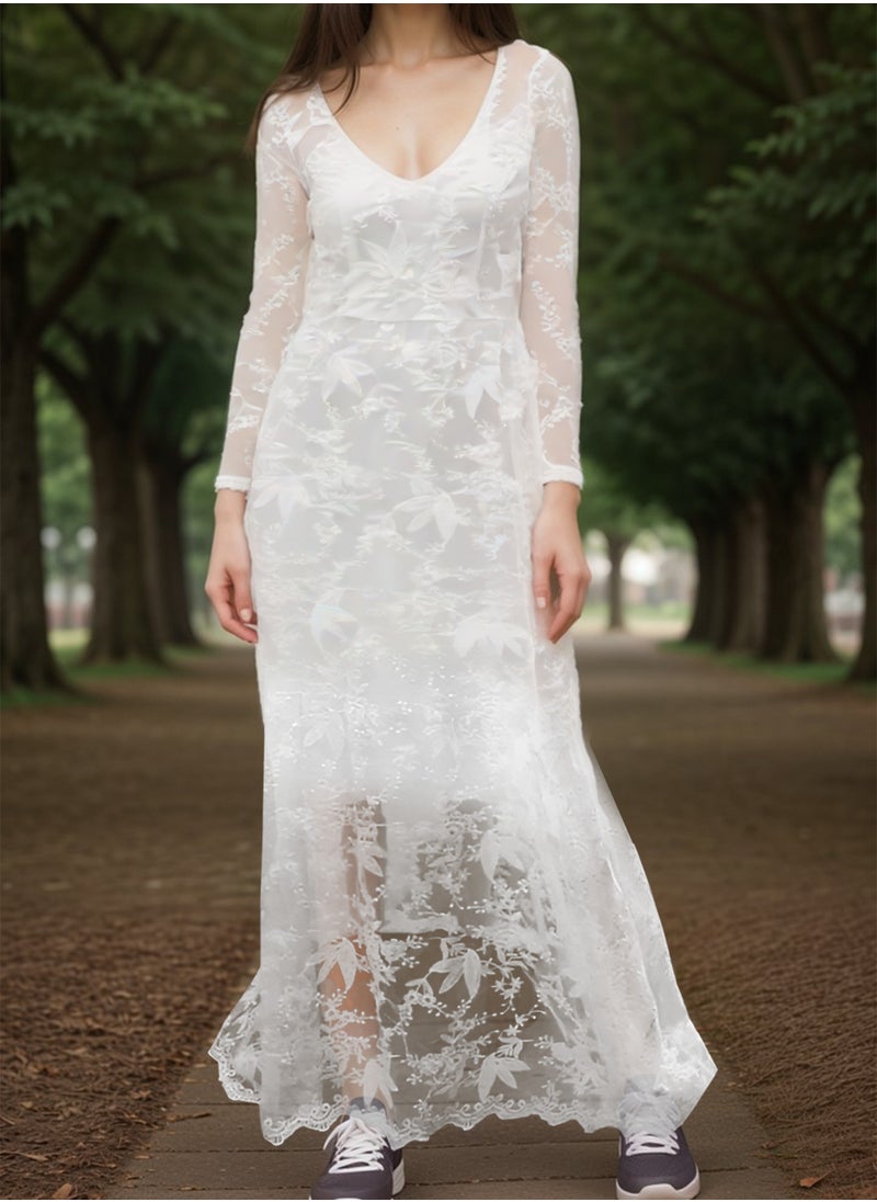MARGOUN XXL Size Women's Elegant Luxury Pure White Lace Tulle Long Sleeve One Shoulder Wedding Dress Bride Gown Full Sleeve A-Line Wedding Dress/SC8801  - Image 3
