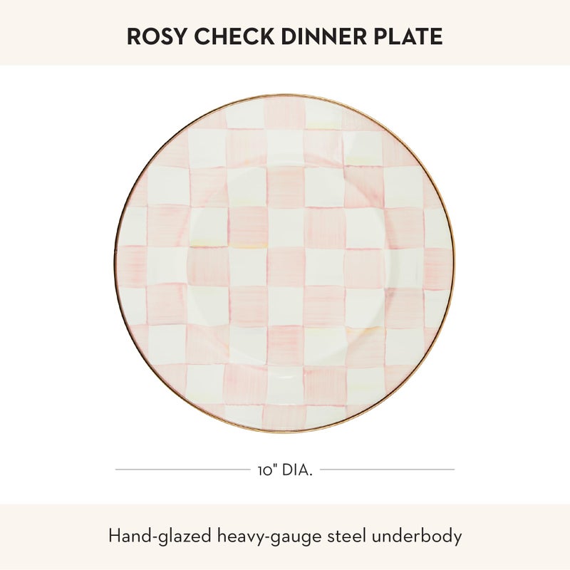 mackenzie childs MACKENZIE-CHILDS Enamel Dinner Plate, Decorative Dinnerware Plate, 10 Inches, Set of 1, Pink-and-White Rosy Check - Image 4