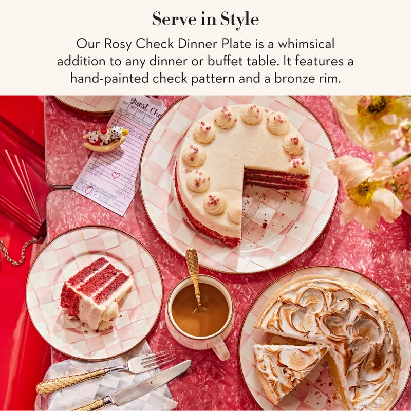 mackenzie childs MACKENZIE-CHILDS Enamel Dinner Plate, Decorative Dinnerware Plate, 10 Inches, Set of 1, Pink-and-White Rosy Check - Image 2