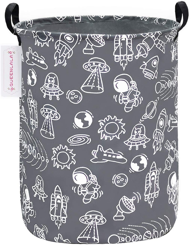 QUEENLALA Large Storage BasketLaundry HamperBathroomHome DecorCollapsible Round Storage BinBoys and Girls HamperBoxesClothingRoundGrey space exploration