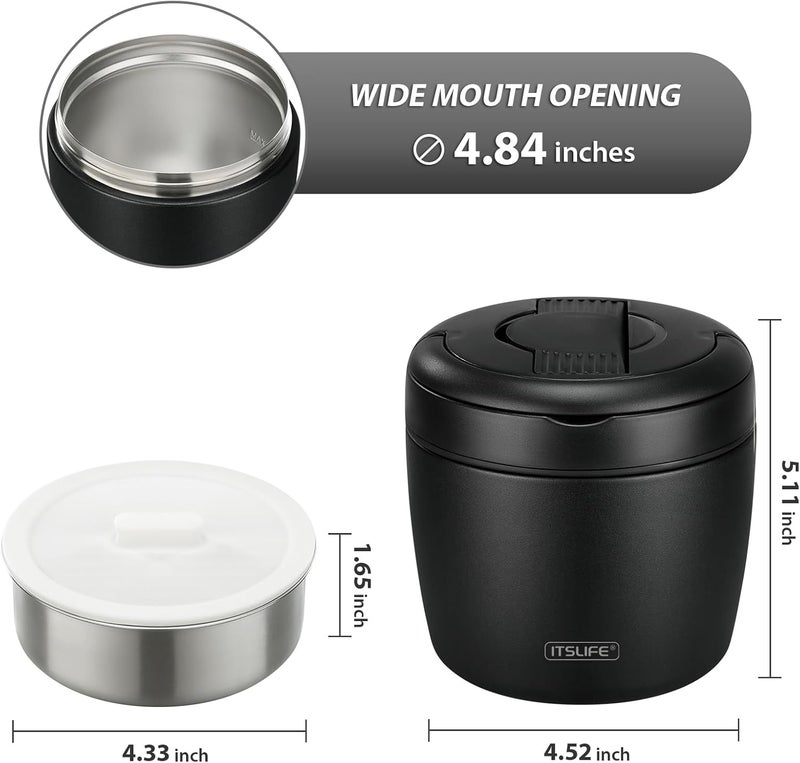ITSLIFE Soup Thermo for Hot Food Adult 32oz Wide Mouth Lunch Container Vacuum Insulated Stainless Steel Bento Box Leakproof with Spoon (Black) - Image 2