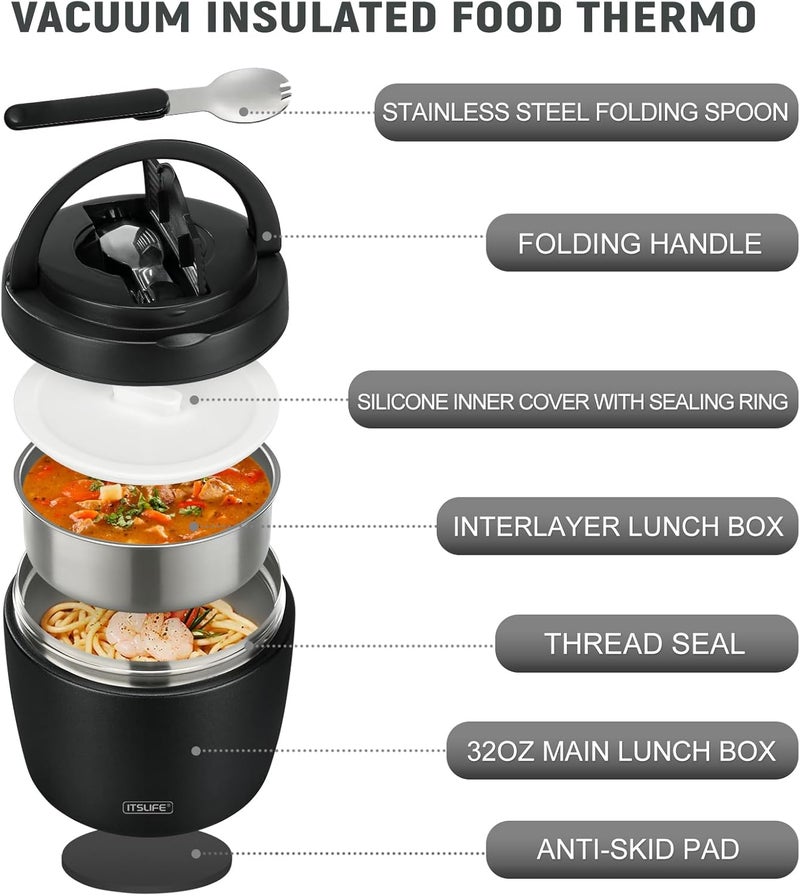 ITSLIFE Soup Thermo for Hot Food Adult 32oz Wide Mouth Lunch Container Vacuum Insulated Stainless Steel Bento Box Leakproof with Spoon (Black) - Image 5