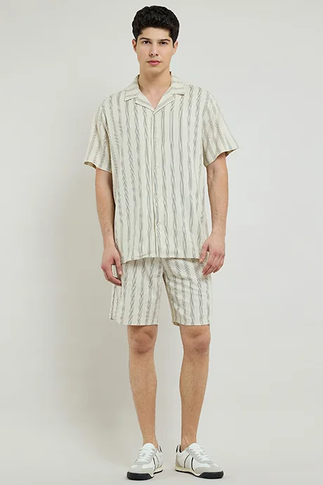 R&B Striped Shirt with Revere Collar and Short Sleeves