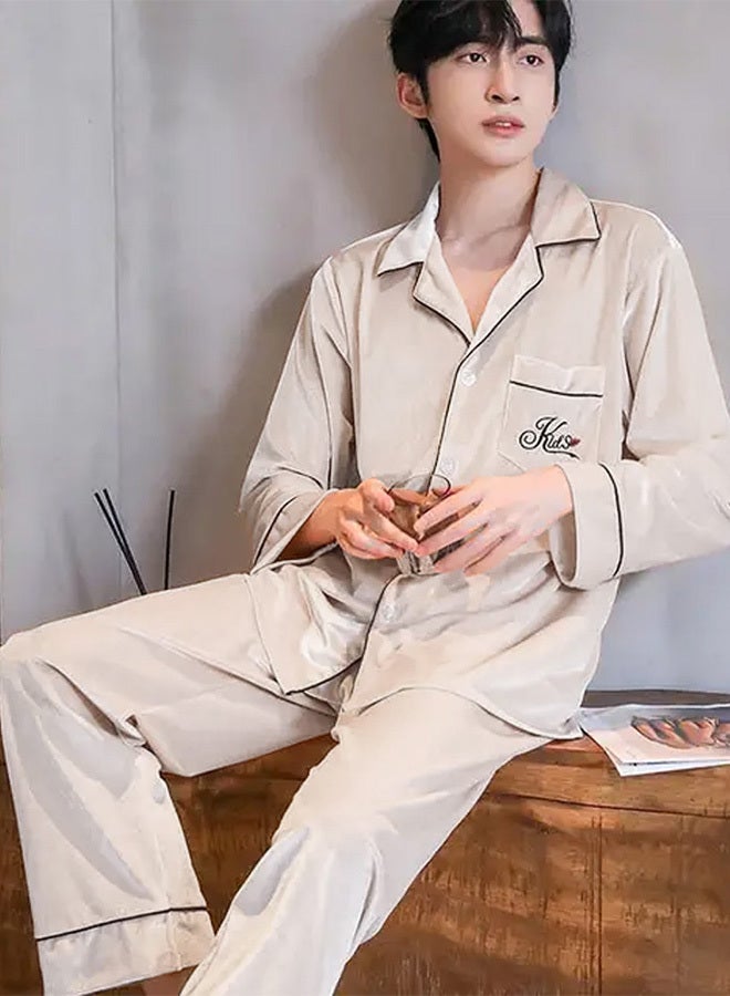 MARGOUN Men Velour Pajamas Set Long Sleeve Leisure Suit Home Clothes Soft Sleepwear Nightclothes Beige - Image 1