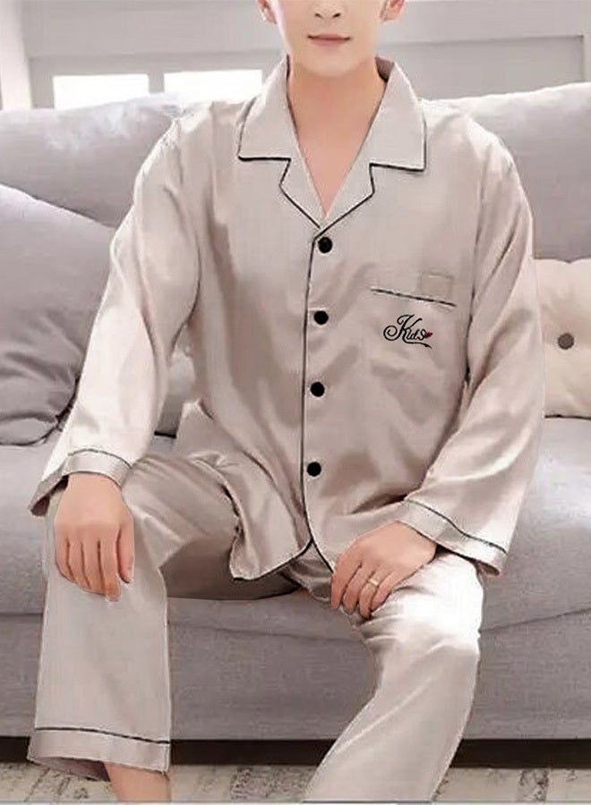 MARGOUN Men Velour Pajamas Set Long Sleeve Leisure Suit Home Clothes Soft Sleepwear Nightclothes Beige - Image 2