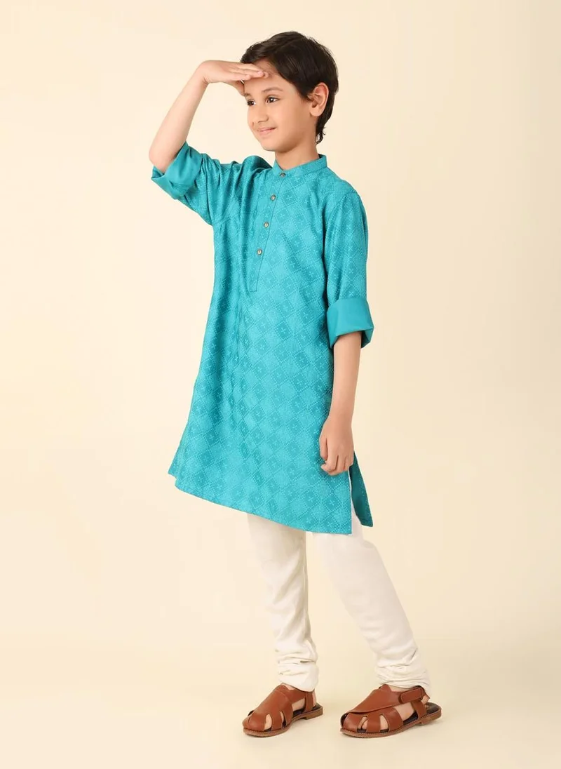Fabindia Teal Viscose Silk Hand Block Printed Long Kurta