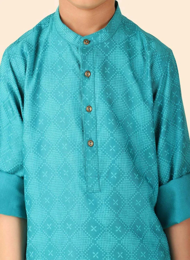 Fabindia Teal Viscose Silk Hand Block Printed Long Kurta