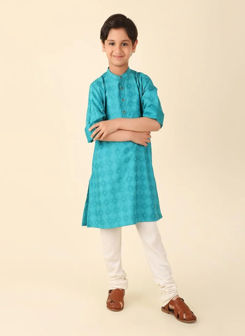 Fabindia Teal Viscose Silk Hand Block Printed Long Kurta