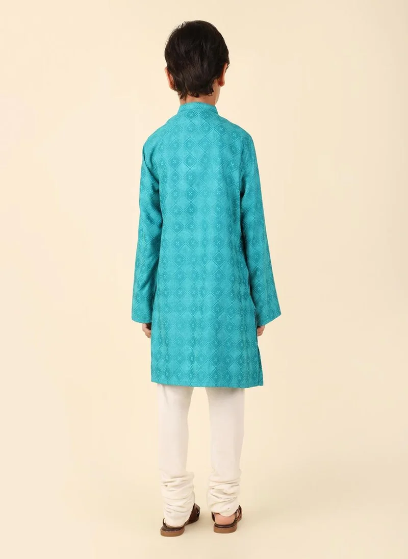 Fabindia Teal Viscose Silk Hand Block Printed Long Kurta