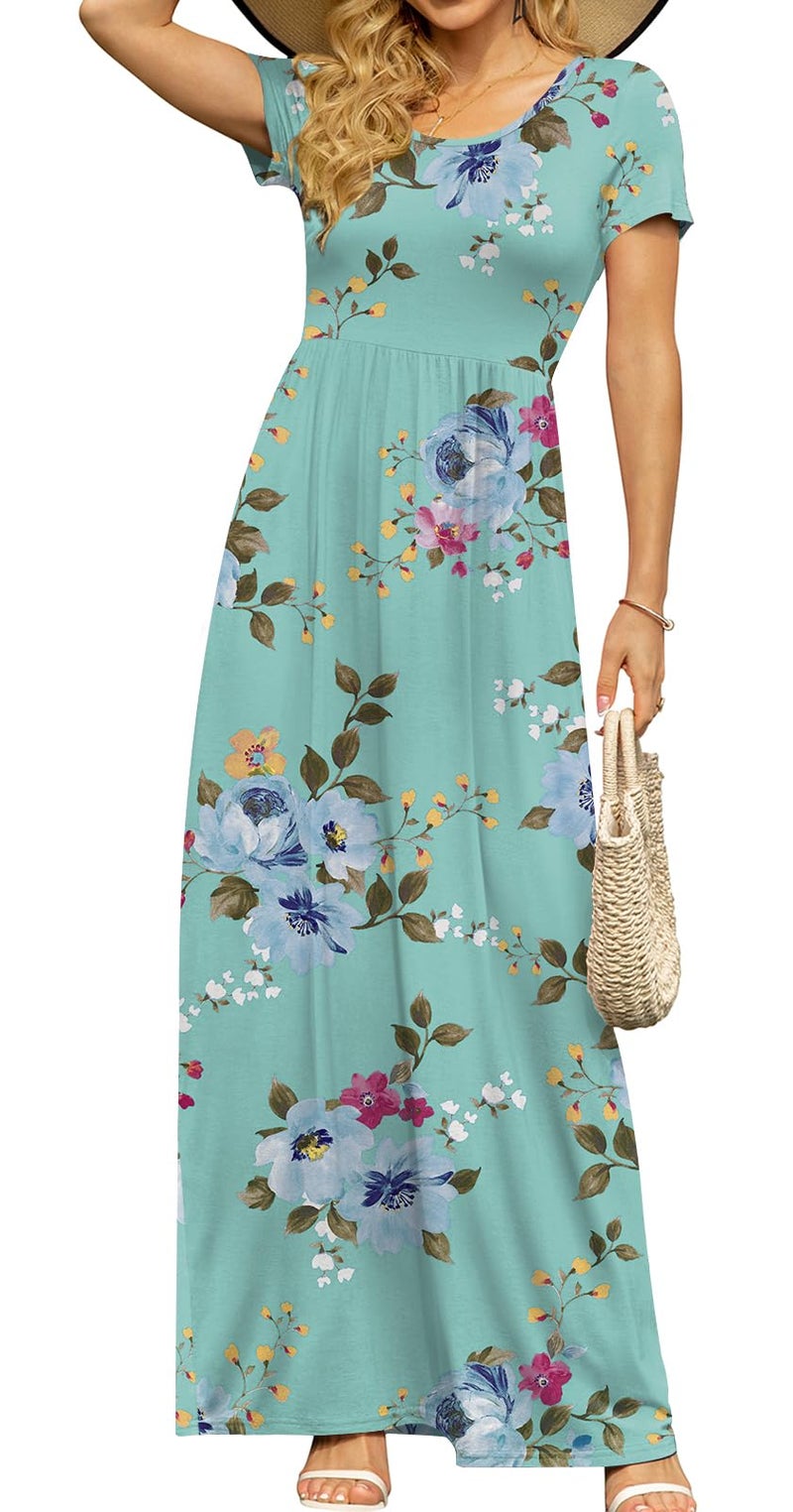 DB MOON Womens 2025 Casual Summer Plus Size Maxi Dresses Short Sleeve Empire Waist Long Dress with Pockets(Mint Green Floral, 2XL) - Image 4