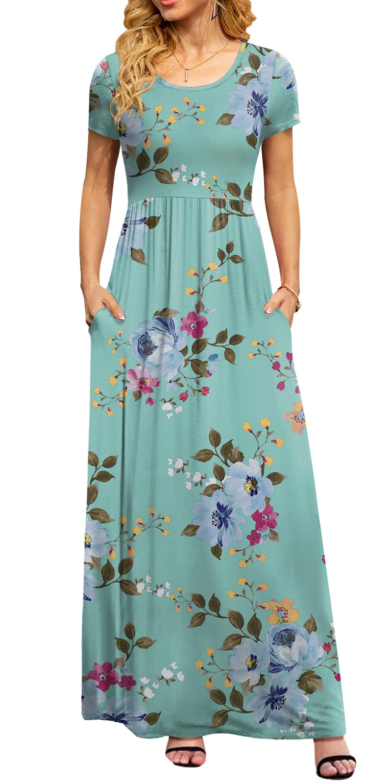 DB MOON Womens 2025 Casual Summer Plus Size Maxi Dresses Short Sleeve Empire Waist Long Dress with Pockets(Mint Green Floral, 2XL) - Image 2