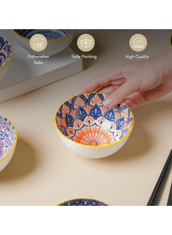Multicolor  Ceramic Dinnerware Set 6 Bowls with 6 Pairs of Chopsticks, Subsurface Glazed Finish, Stackable Design, High-Temperature Fired Porcelain Dinnerware for Cereal, Soup, and Salads，Noodles  - Image 4