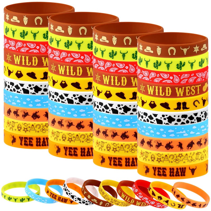 Youdaju 50Pcs Western Party Bracelets Cowboy Cowgirl Silicone Bracelets Western Themed Stretch Wristbands for Western Party Birthday Party Supplies Decorations10 Different Patterns - Image 3