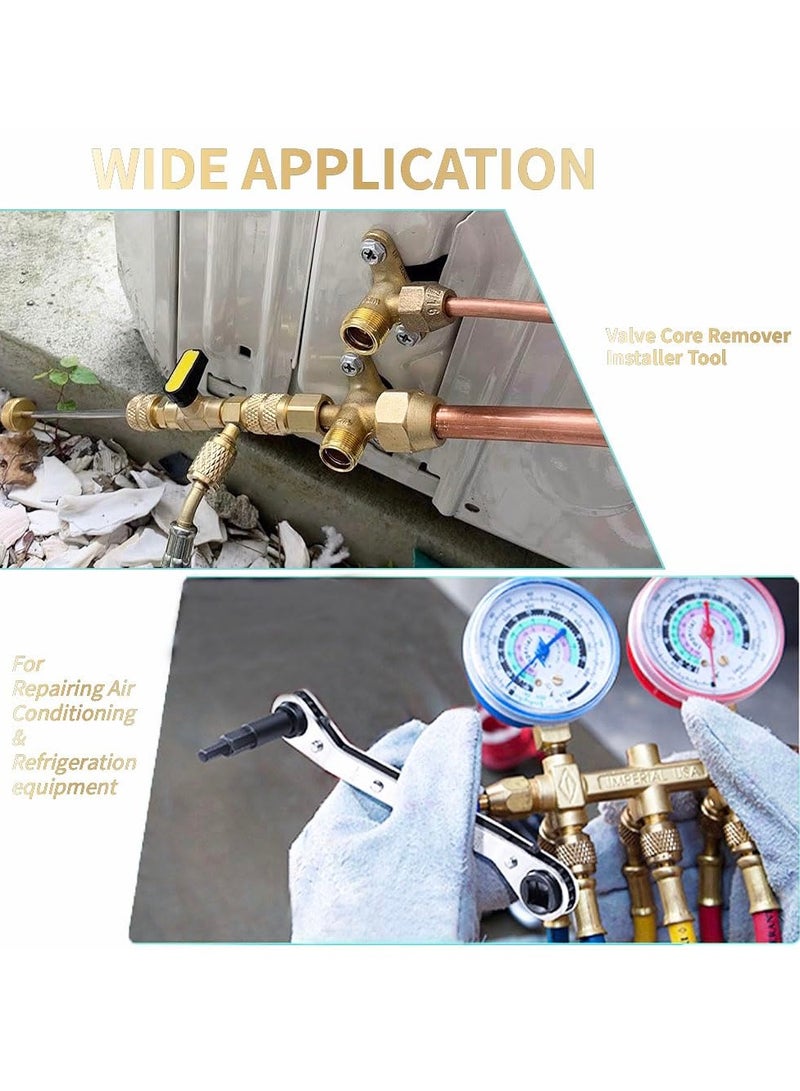 Valve Core Remover Installer Tool and HVAC Service Wrench Set with Dual Size SAE 1/4 and 5/16 Port 3/8'' to 1/4'' 5/16'' x 1/4'' Refrigeration Service Wrench Hex Bit Adapters and 10pcs Valve Core - Image 2