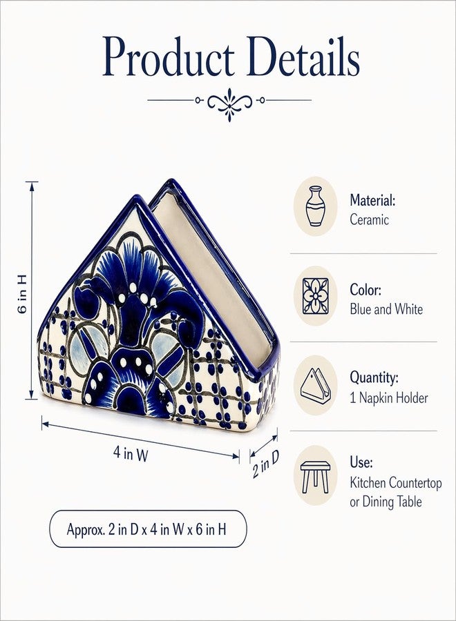 Casa Fiesta Designs حامل مناديل سيراميك - فخار مكسيكي أصيل - لسطح المطبخ | طاولة الطعام | حامل مناديل ورسائل للاستخدام الداخلي والخارجي - حامل مناديل ورقية على الطراز المكسيكي (أزرق وأبيض) - Image 5