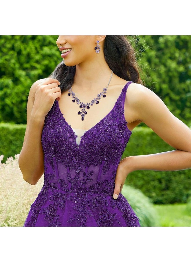 EVER FAITH Wedding Jewelry For Bride Austrian Crystal Cluster Flower Leaf Bridal Pendant Necklace Earrings Sets Purple Silvertone  - Image 2