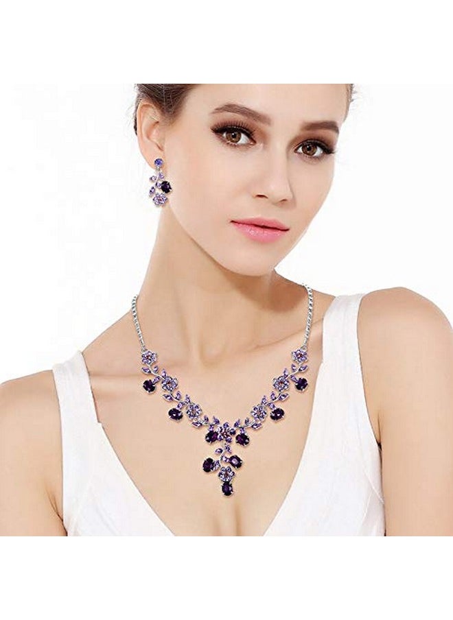 EVER FAITH Wedding Jewelry For Bride Austrian Crystal Cluster Flower Leaf Bridal Pendant Necklace Earrings Sets Purple Silvertone  - Image 4