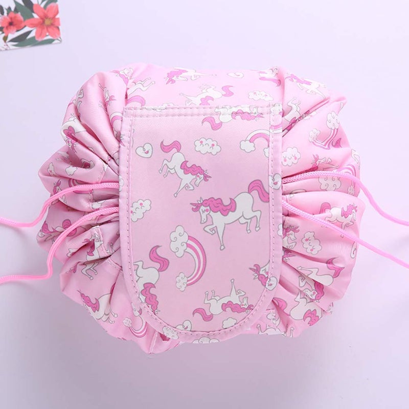 ERHETUS Stylish Portable Lazy Cosmetic Bag with Drawstrings | Convenient & Waterproof Makeup Pouches for Girls | Large Capacity Storage Pouch | Toiletry Bags for Women (Pink Unicorn) - Image 2