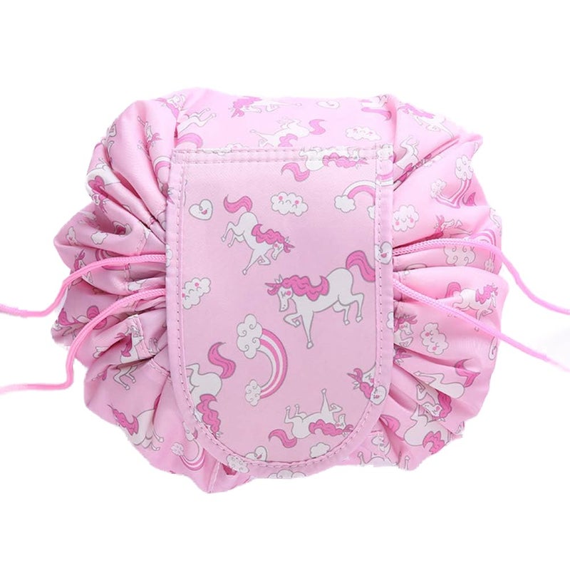 ERHETUS Stylish Portable Lazy Cosmetic Bag with Drawstrings | Convenient & Waterproof Makeup Pouches for Girls | Large Capacity Storage Pouch | Toiletry Bags for Women (Pink Unicorn) - Image 1