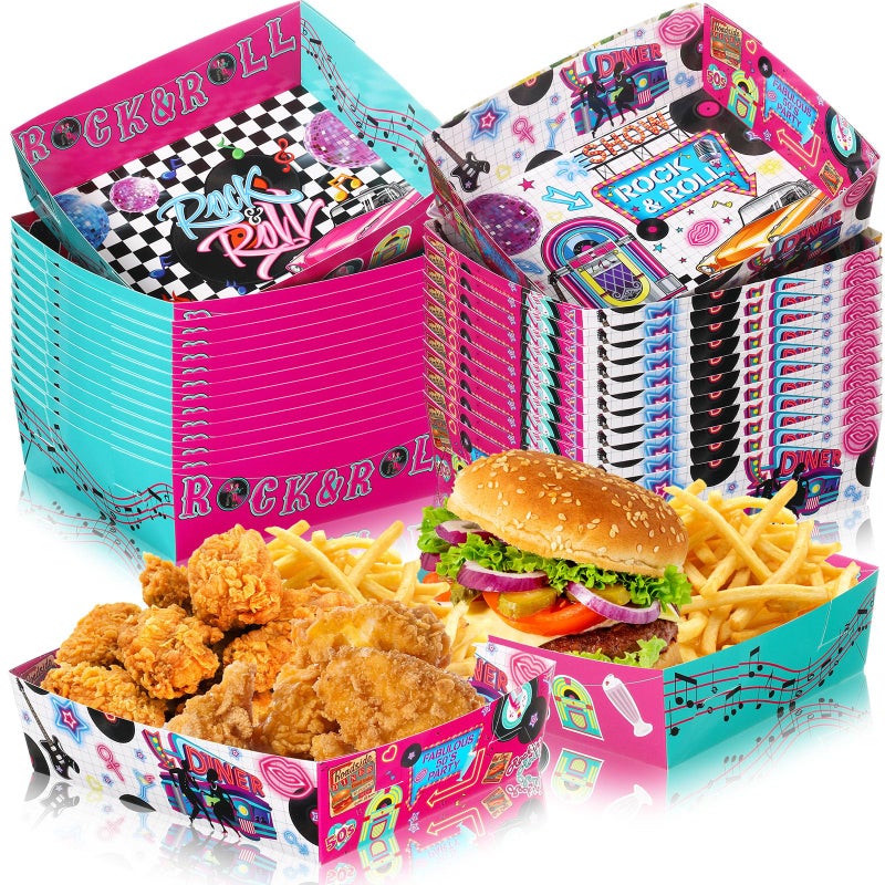 Layhit 36 Pcs 1950s Party Supplies 5 lb Food Boats Large Paper Serving Trays Burger Fries Hot Dog Taco BBQ Popcorn for Rocking Music Sock Hop Birthday 1950s Theme Party - Image 1