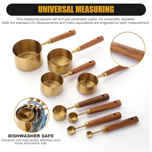 SHIKORI Gold Measuring Cups and Spoons Set, 8 Piece Premium Stainless Steel Measuring Cups with Wood Handles for Baking Supplies in the Kitchen (Gold) - Image 4