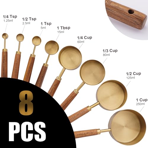 SHIKORI Gold Measuring Cups and Spoons Set, 8 Piece Premium Stainless Steel Measuring Cups with Wood Handles for Baking Supplies in the Kitchen (Gold) - Image 2