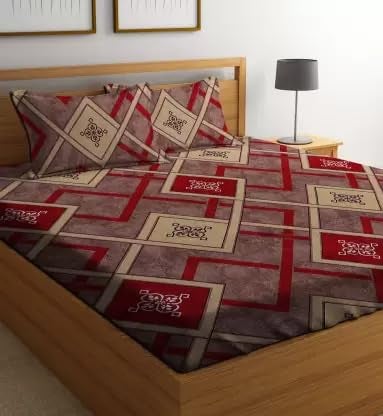 DECORUM 144 TC Fitted Elastic Printed Bedsheet with 2 Pillow Cover (Red Zigzag) - Image 2