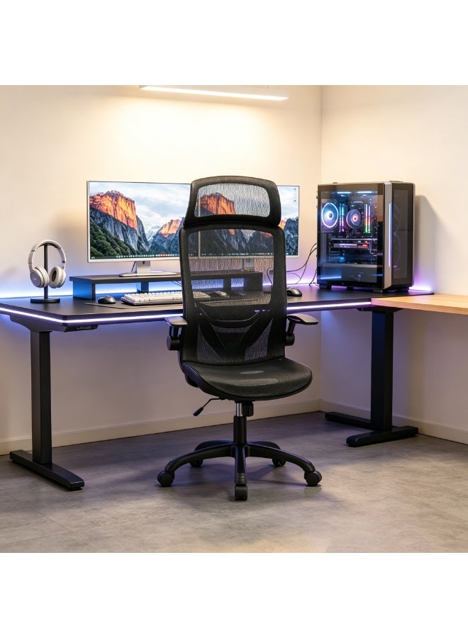 NEWLAN Office Chair Gaming Chair Computer Chair with High Elasticity Breathable Mesh - Foldable Armrests, Sturdy and Stable, Ergonomic Chair Black 116/124*58*47cm - Image 1