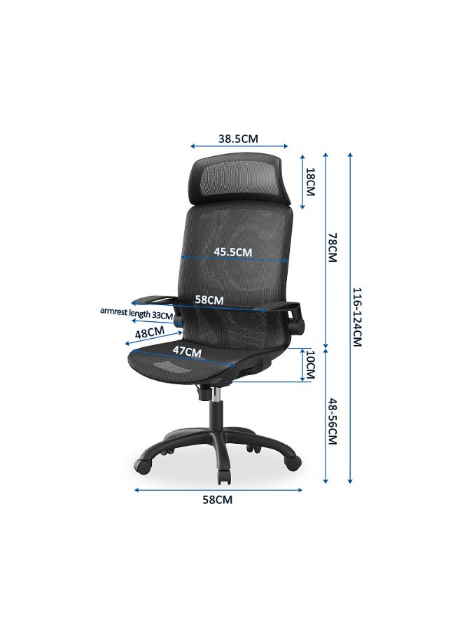 NEWLAN Office Chair Gaming Chair Computer Chair with High Elasticity Breathable Mesh - Foldable Armrests, Sturdy and Stable, Ergonomic Chair Black 116/124*58*47cm - Image 3