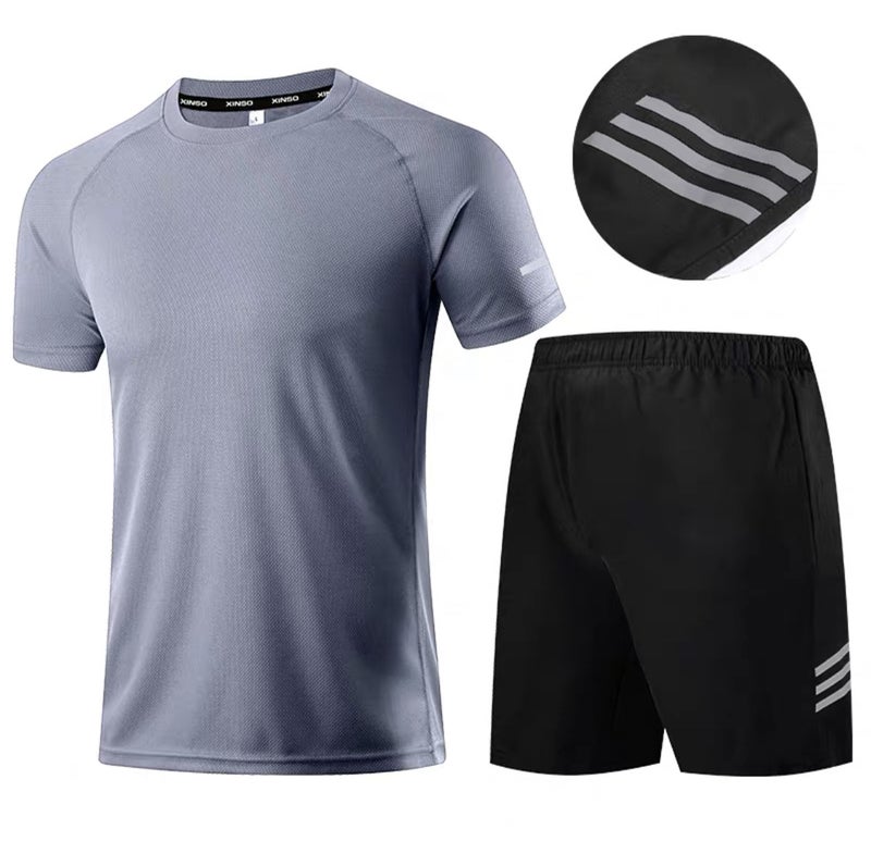 Mens Quick-Dry Casual Sports Suit Mesh Grey Sports Top + Three Clause Pants 
