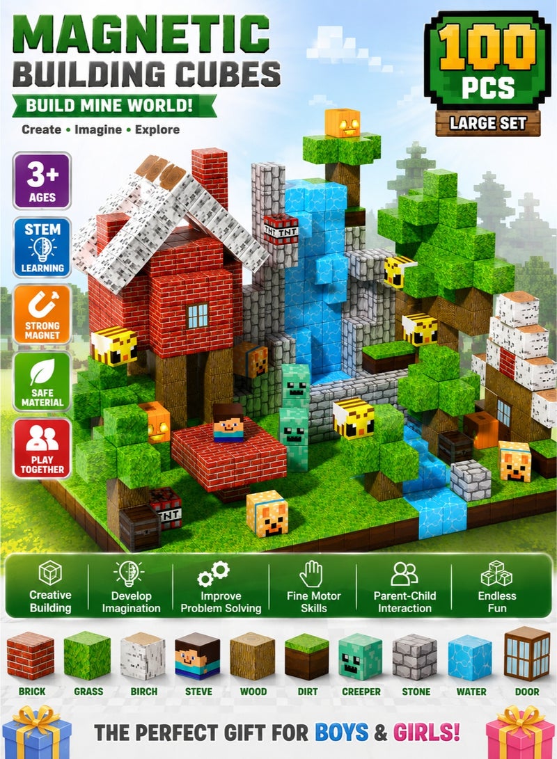 Reobrix 100PCS Magnetic Blocks Build Mine World Edition, Magnetic Cubes Building Toys for Boys Girls Age 3+, STEM Montessori Educational Construction Blocks, Creative Sensory Learning Toys Birthday Gift - Image 1