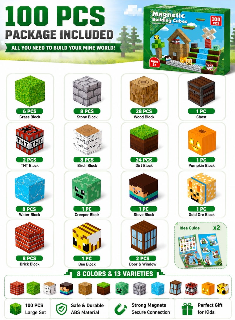 Reobrix 100PCS Magnetic Blocks Build Mine World Edition, Magnetic Cubes Building Toys for Boys Girls Age 3+, STEM Montessori Educational Construction Blocks, Creative Sensory Learning Toys Birthday Gift - Image 2