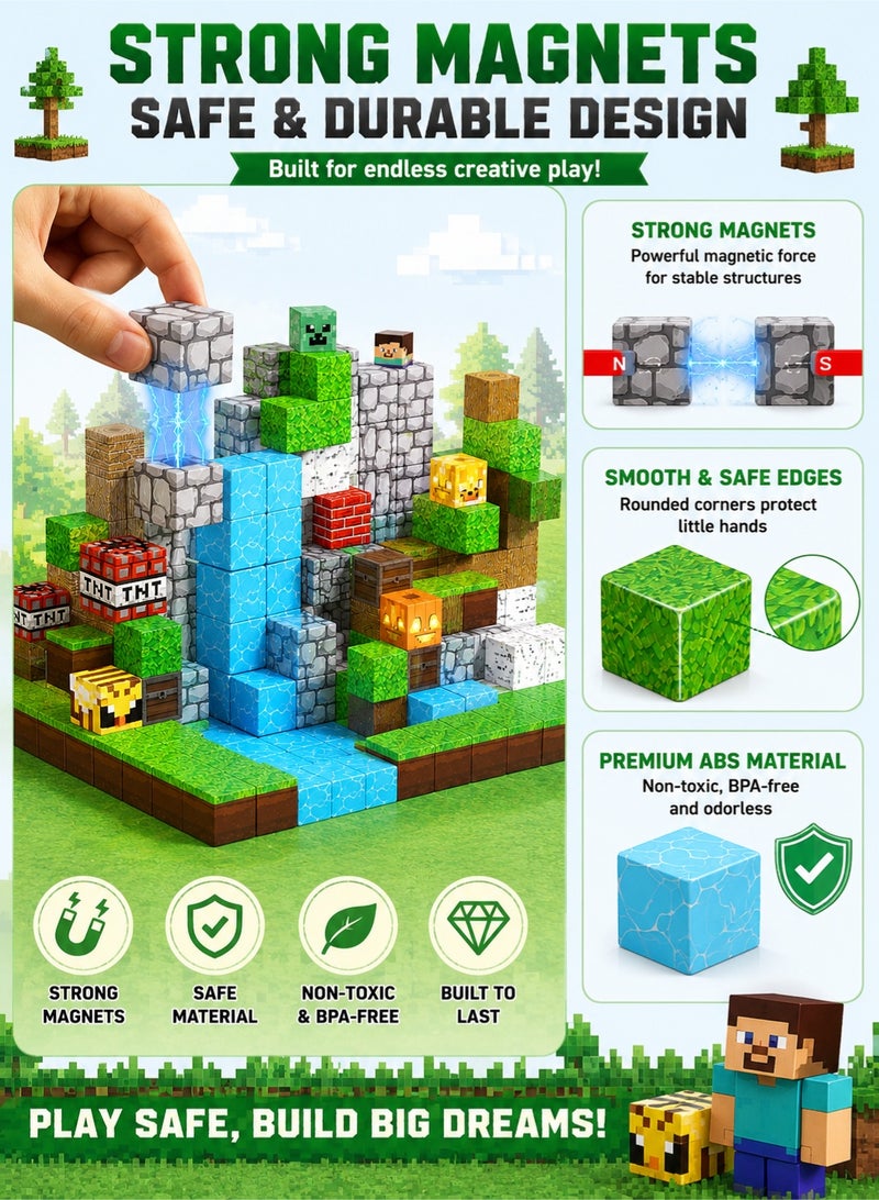 Reobrix 100PCS Magnetic Blocks Build Mine World Edition, Magnetic Cubes Building Toys for Boys Girls Age 3+, STEM Montessori Educational Construction Blocks, Creative Sensory Learning Toys Birthday Gift - Image 3