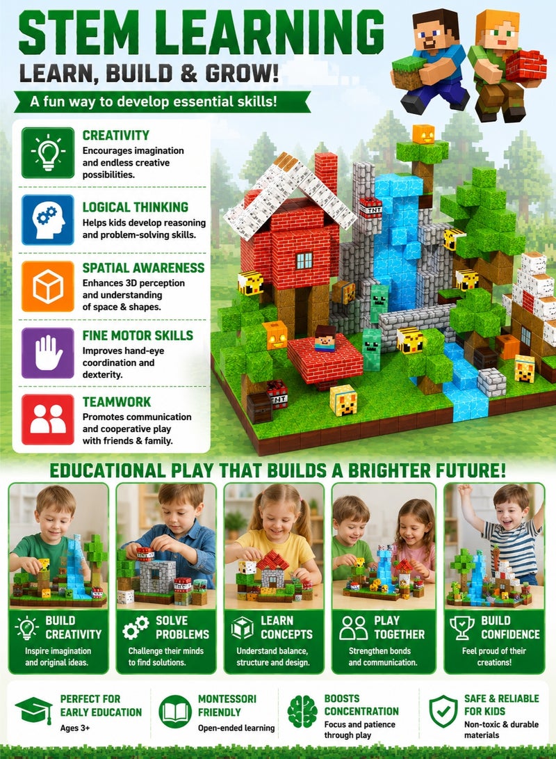 Reobrix 100PCS Magnetic Blocks Build Mine World Edition, Magnetic Cubes Building Toys for Boys Girls Age 3+, STEM Montessori Educational Construction Blocks, Creative Sensory Learning Toys Birthday Gift - Image 4