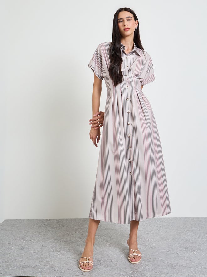 Styli Beige Fitted Waist Striped Shirt Maxi Dress - Image 1