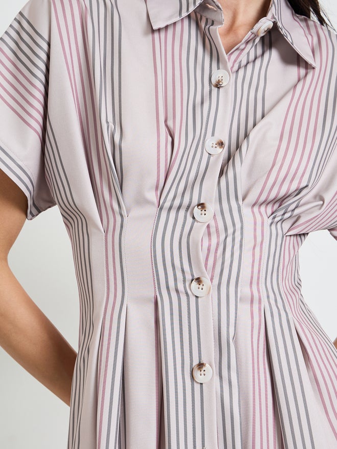 Styli Beige Fitted Waist Striped Shirt Maxi Dress - Image 3