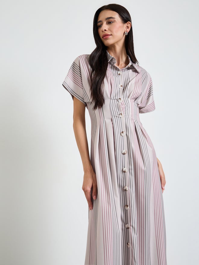 Styli Beige Fitted Waist Striped Shirt Maxi Dress - Image 2