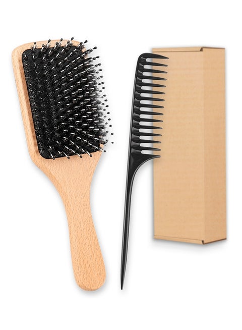 2pcs Wooden Hair Brush Boar & Comb Set, Detangling & Styling Anti-Static Bristle Brush Paddle with Ergonomic Handle for Thick Curly Thin Long Short Wet Dry for Men Women Kids