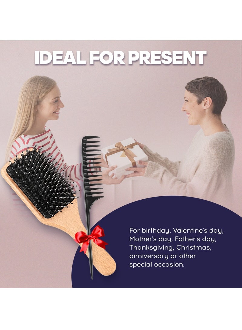 2pcs Wooden Hair Brush Boar & Comb Set, Detangling & Styling Anti-Static Bristle Brush Paddle with Ergonomic Handle for Thick Curly Thin Long Short Wet Dry for Men Women Kids