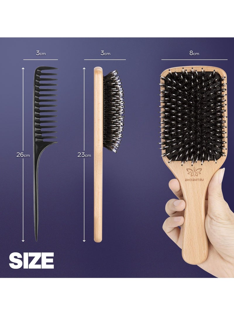 2pcs Wooden Hair Brush Boar & Comb Set, Detangling & Styling Anti-Static Bristle Brush Paddle with Ergonomic Handle for Thick Curly Thin Long Short Wet Dry for Men Women Kids