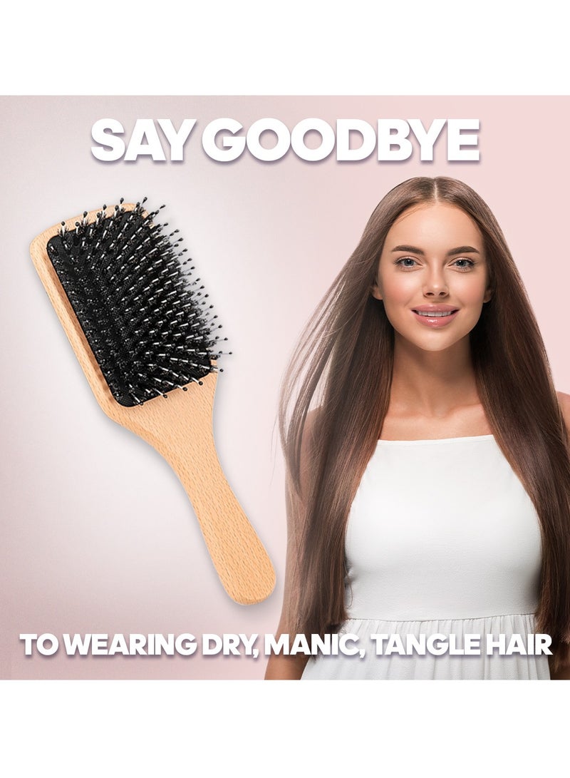 2pcs Wooden Hair Brush Boar & Comb Set, Detangling & Styling Anti-Static Bristle Brush Paddle with Ergonomic Handle for Thick Curly Thin Long Short Wet Dry for Men Women Kids