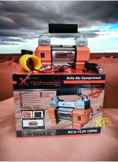 X Technology Air Compressor for Cars - Orange Color - Dual Piston - Analog Counter - Long Air Tube - Battery & Cigarette Lighter Powered - 120 PSI